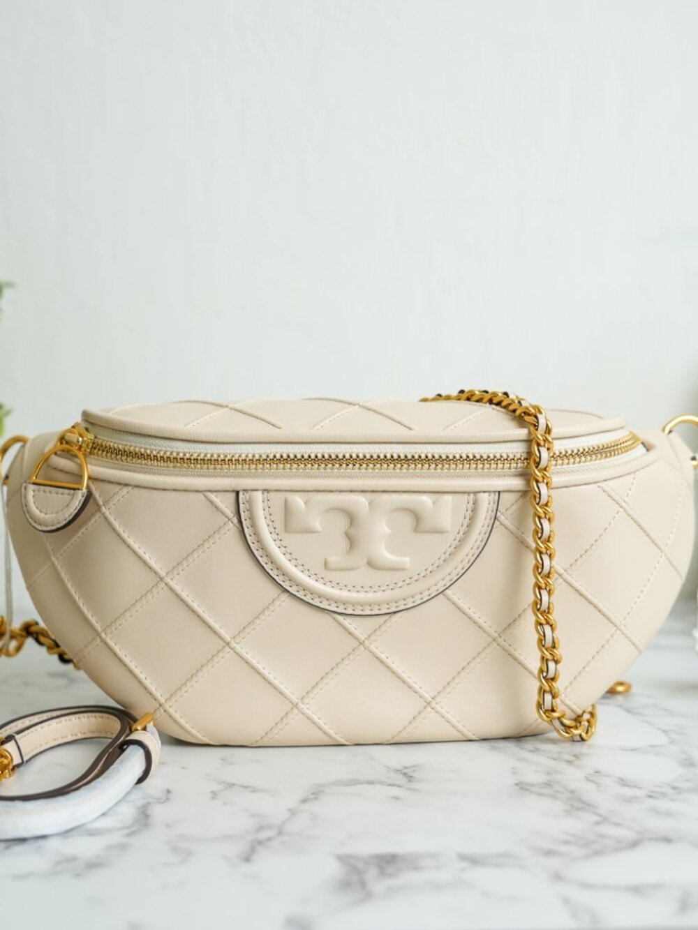 Tory Burch Fleming Napa Leather Convertible Belt Bag 160132 in New Cream NWT